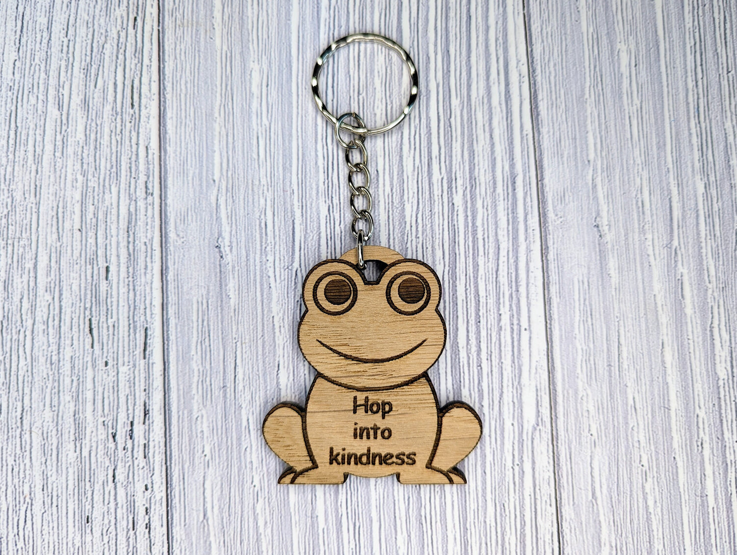 Wooden Frog Keyring | Hop into kindness | Bag Tag | Can Be Personalised | Oak Veneered MDF