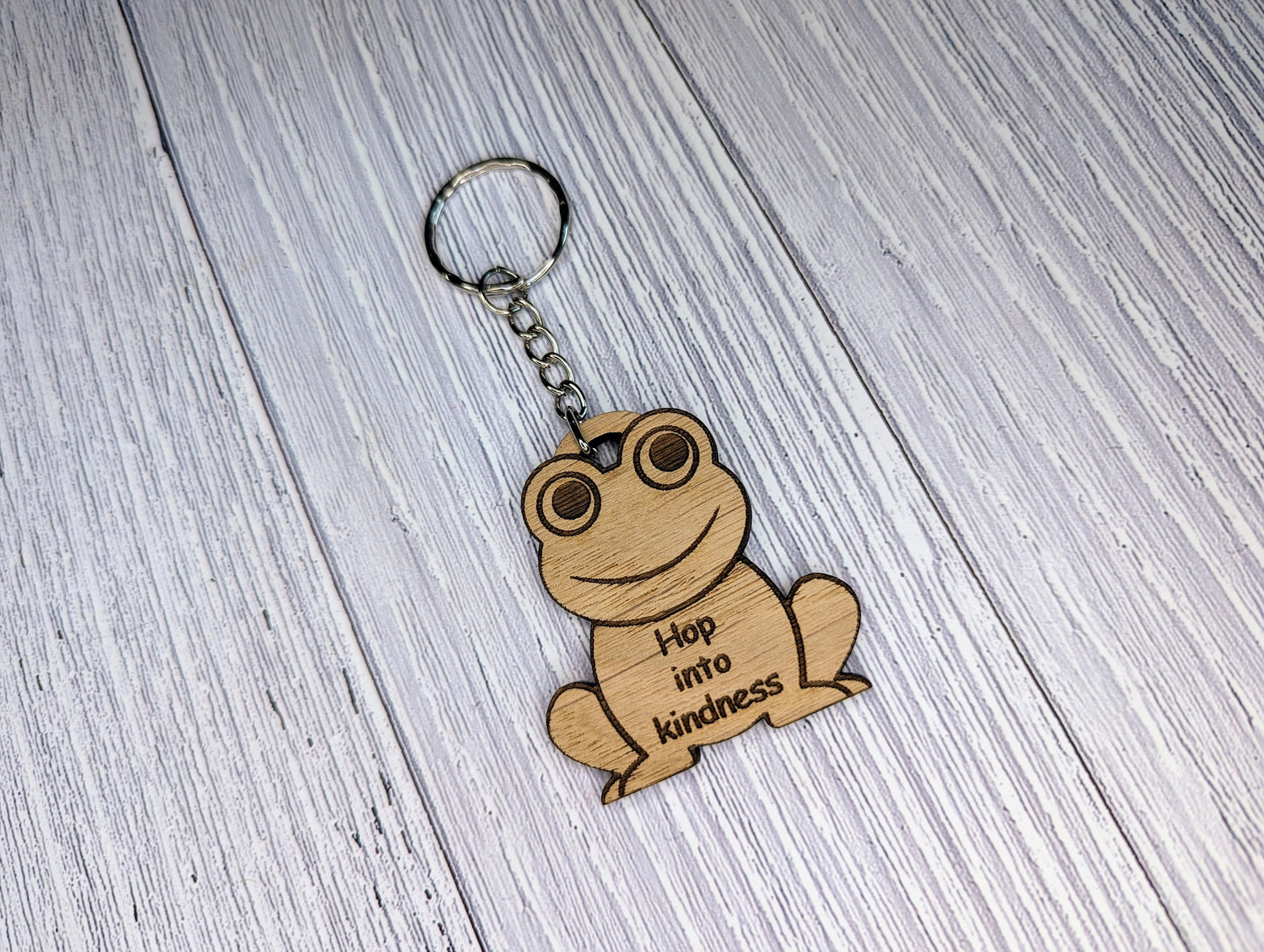 Wooden Frog Keyring | Hop into kindness | Bag Tag | Can Be Personalised | Oak Veneered MDF