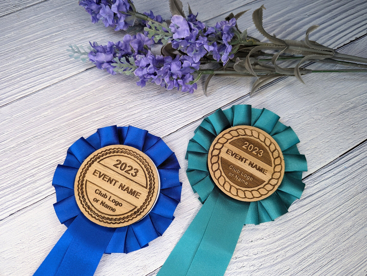 Personalised Wooden Rosette's | Free Design Service | Customised 90mm Rosette with 60mm Wooden Centre | Award Ribbon | Dog & Horse Shows