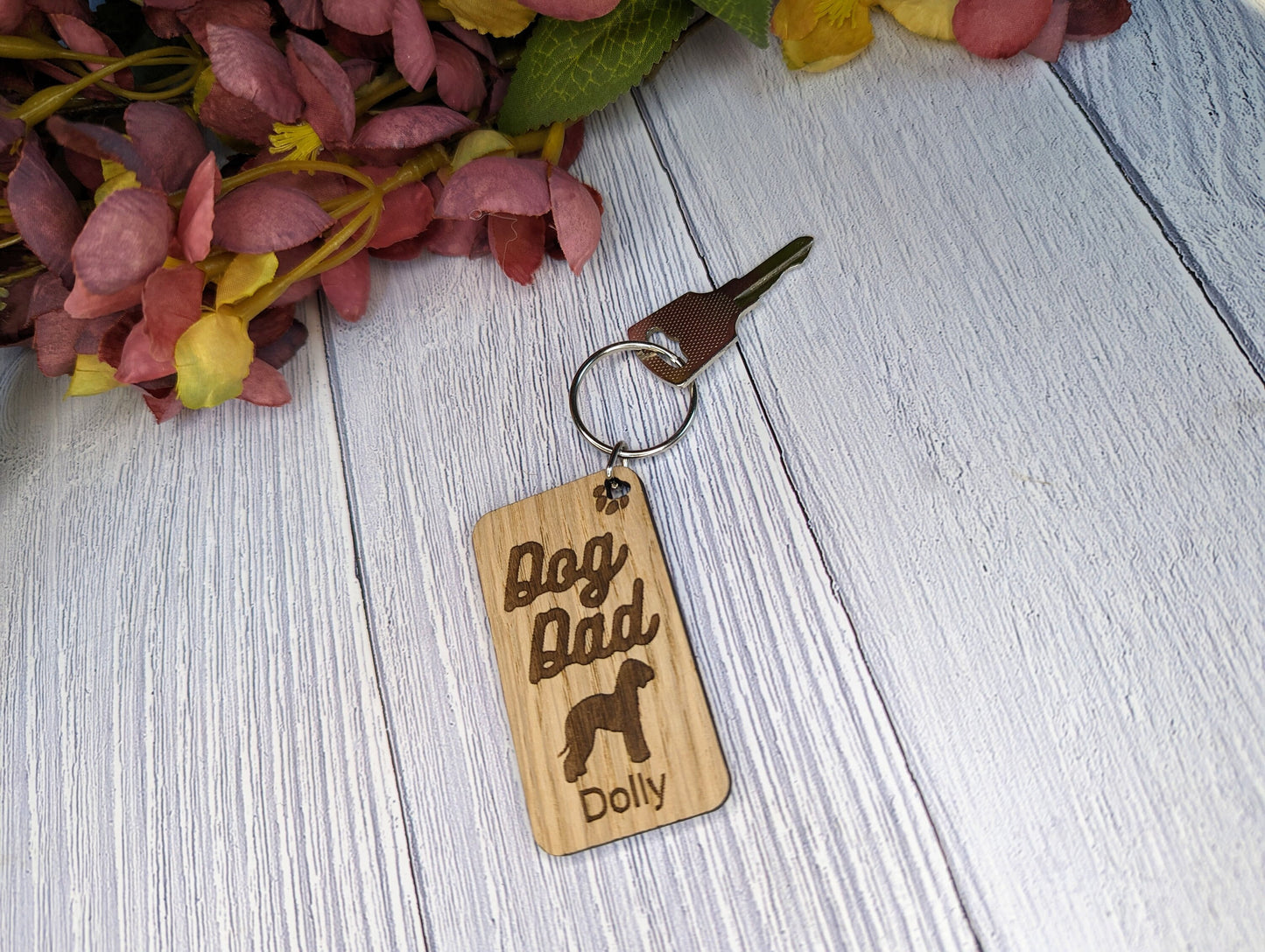 Personalised Bedlington Terrier Dog Dad Wooden Keyring | Oak Dog Keychain | Gift For Bedlington Terrier Parent | Doggy Key Tag Gift