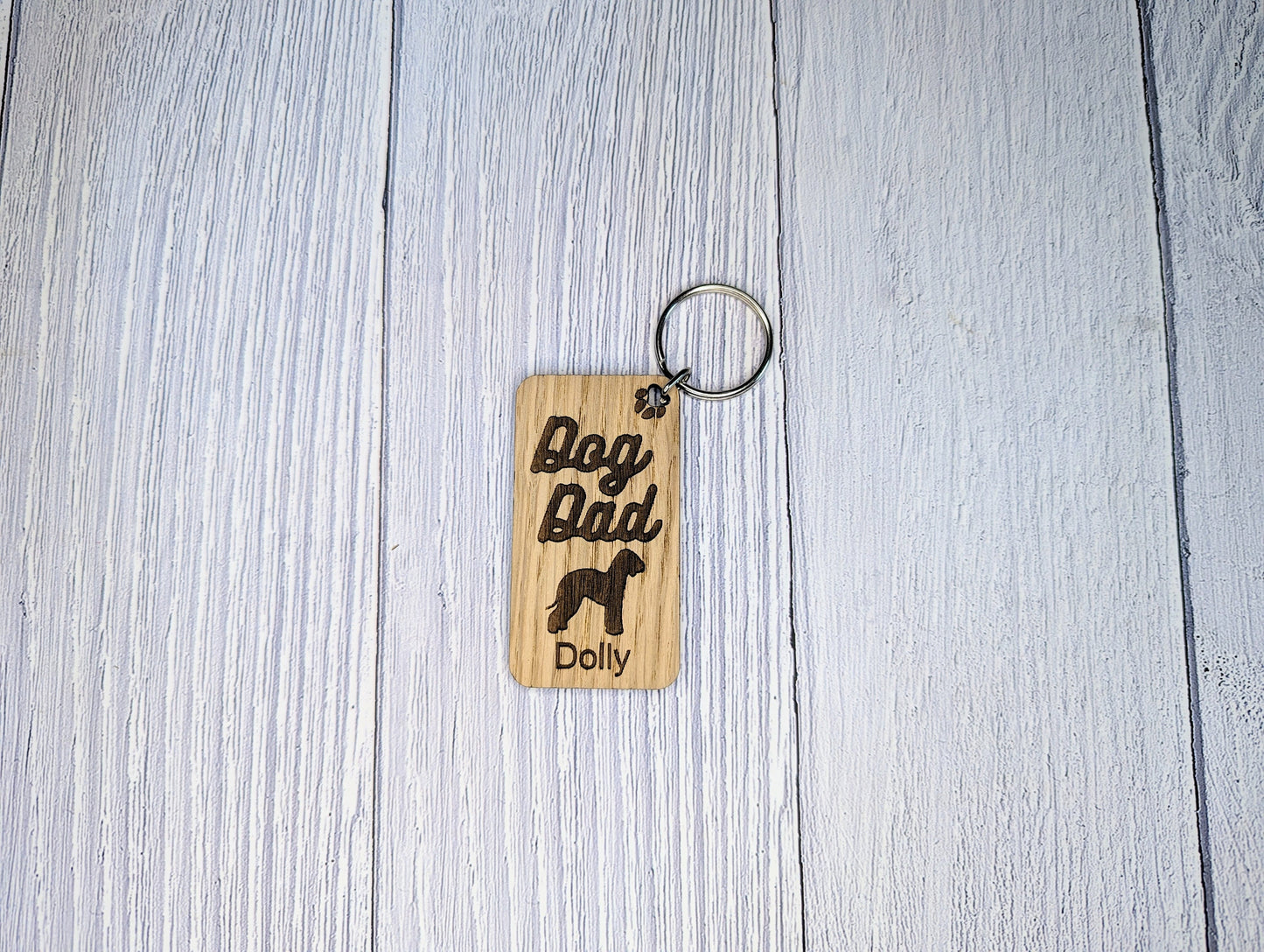 Personalised Bedlington Terrier Dog Dad Wooden Keyring | Oak Dog Keychain | Gift For Bedlington Terrier Parent | Doggy Key Tag Gift