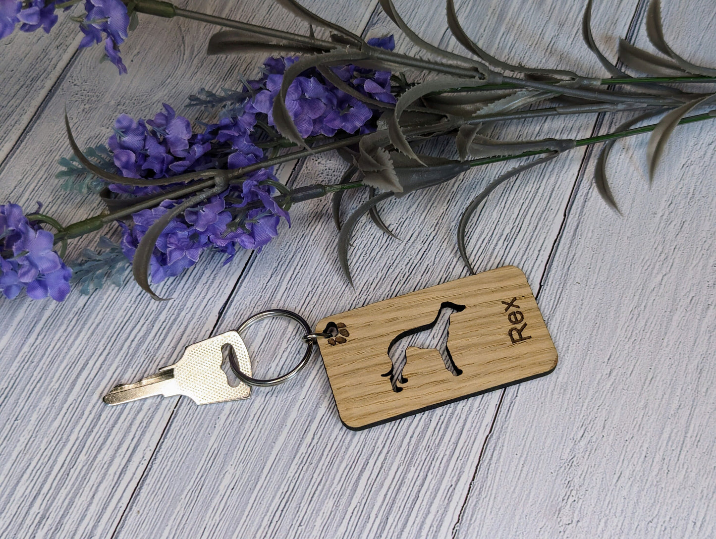 Personalised Greyhound Wooden Keyring | Oak Dog Keychain | Gift For Greyhound Parent | Doggy Key Tag Gift