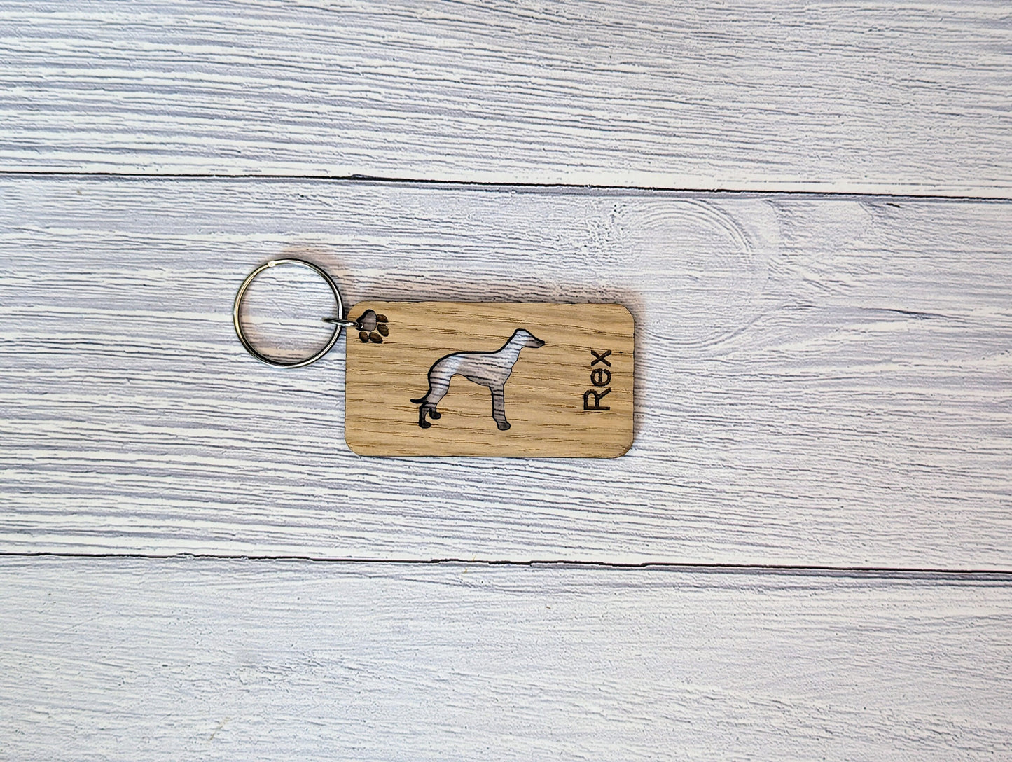 Personalised Greyhound Wooden Keyring | Oak Dog Keychain | Gift For Greyhound Parent | Doggy Key Tag Gift