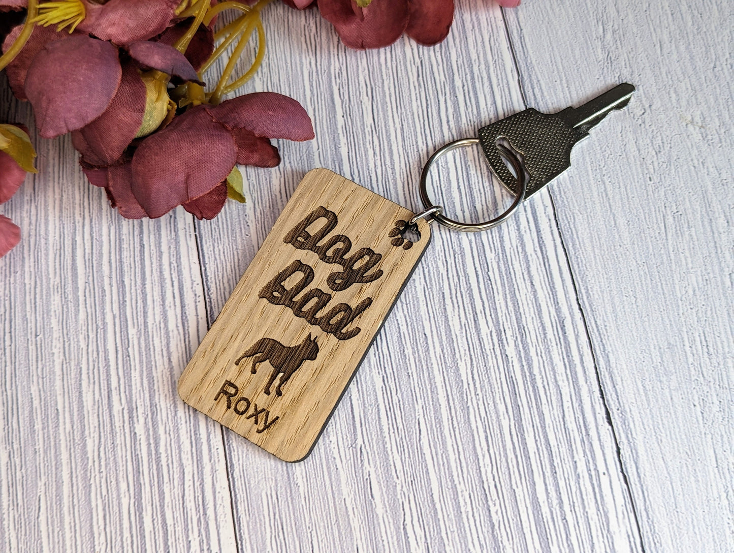 Personalised Boston Terrier Dog Dad Wooden Keyring | Oak Dog Keychain | Gift For Boston Terrier Parent | Doggy Key Tag Gift