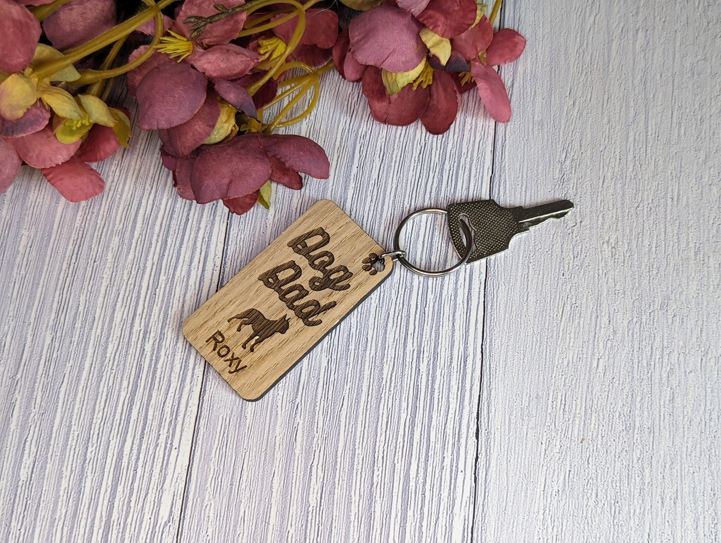 Personalised Boston Terrier Dog Dad Wooden Keyring | Oak Dog Keychain | Gift For Boston Terrier Parent | Doggy Key Tag Gift