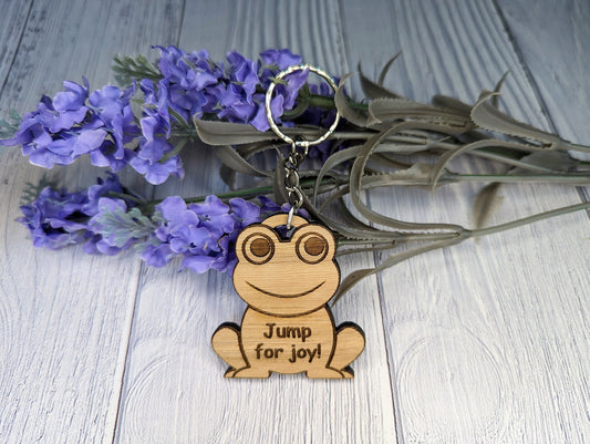 Wooden Frog Keyring | Jump For Joy | Bag Tag | Can Be Personalised | Oak Veneered MDF