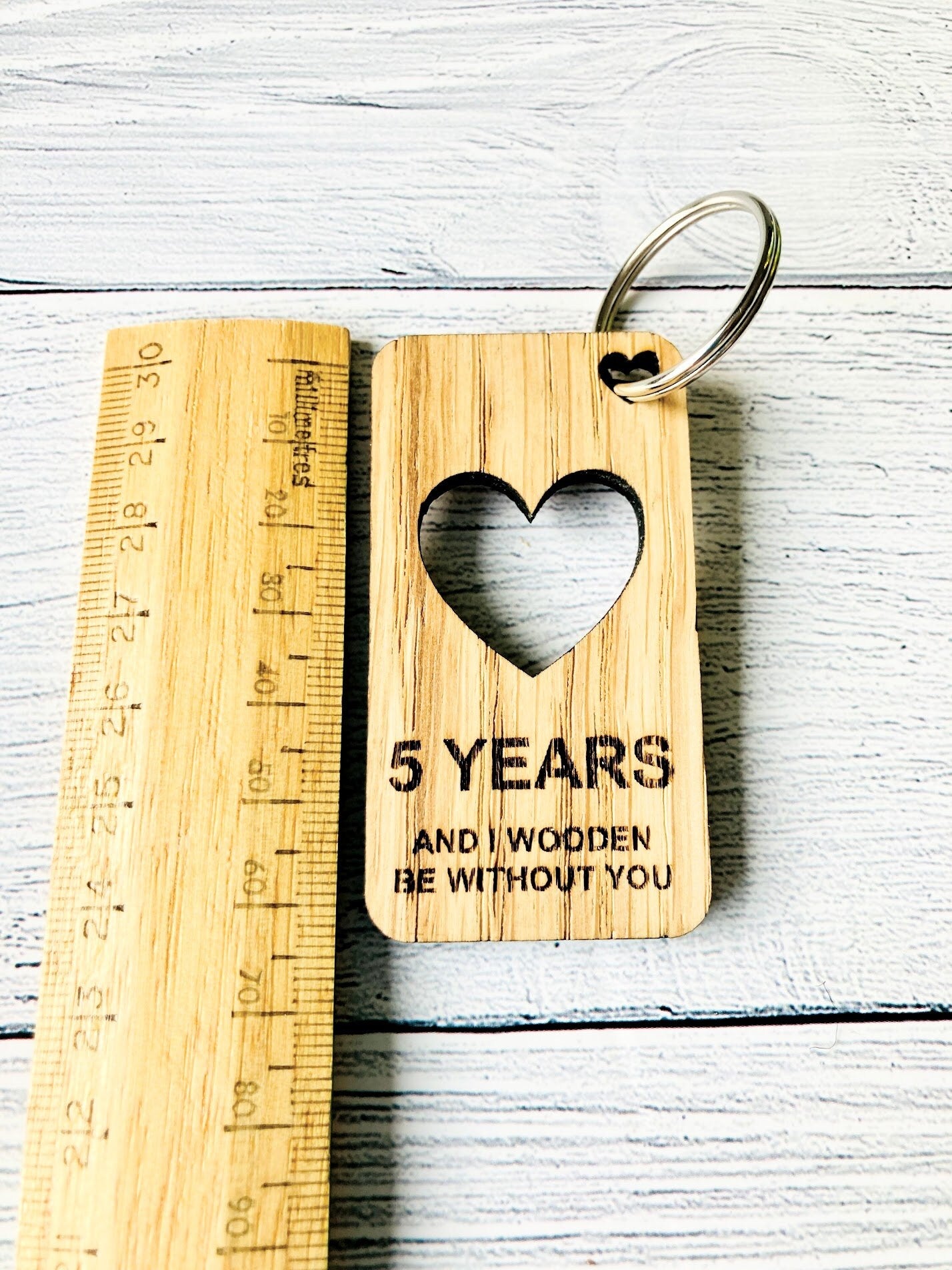 5 Year Anniversary Keyrings | Engraved Wooden Heart Keyring | Fifth Anniversary Gift | Quirky Love Keyring | Oak Wood | Bulk