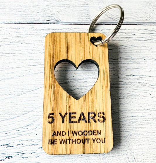 5 Year Anniversary Keyrings | Engraved Wooden Heart Keyring | Fifth Anniversary Gift | Quirky Love Keyring | Oak Wood | Bulk