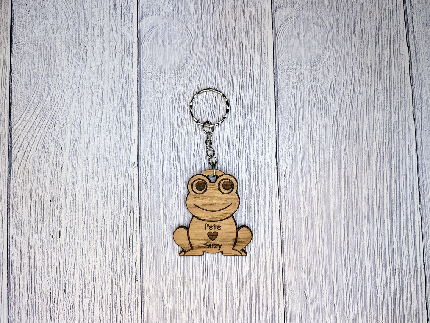 Wooden Frog Keyring | Personalised Frog Heart Keyring | Add Your Names | Bag Tag | Oak Veneered