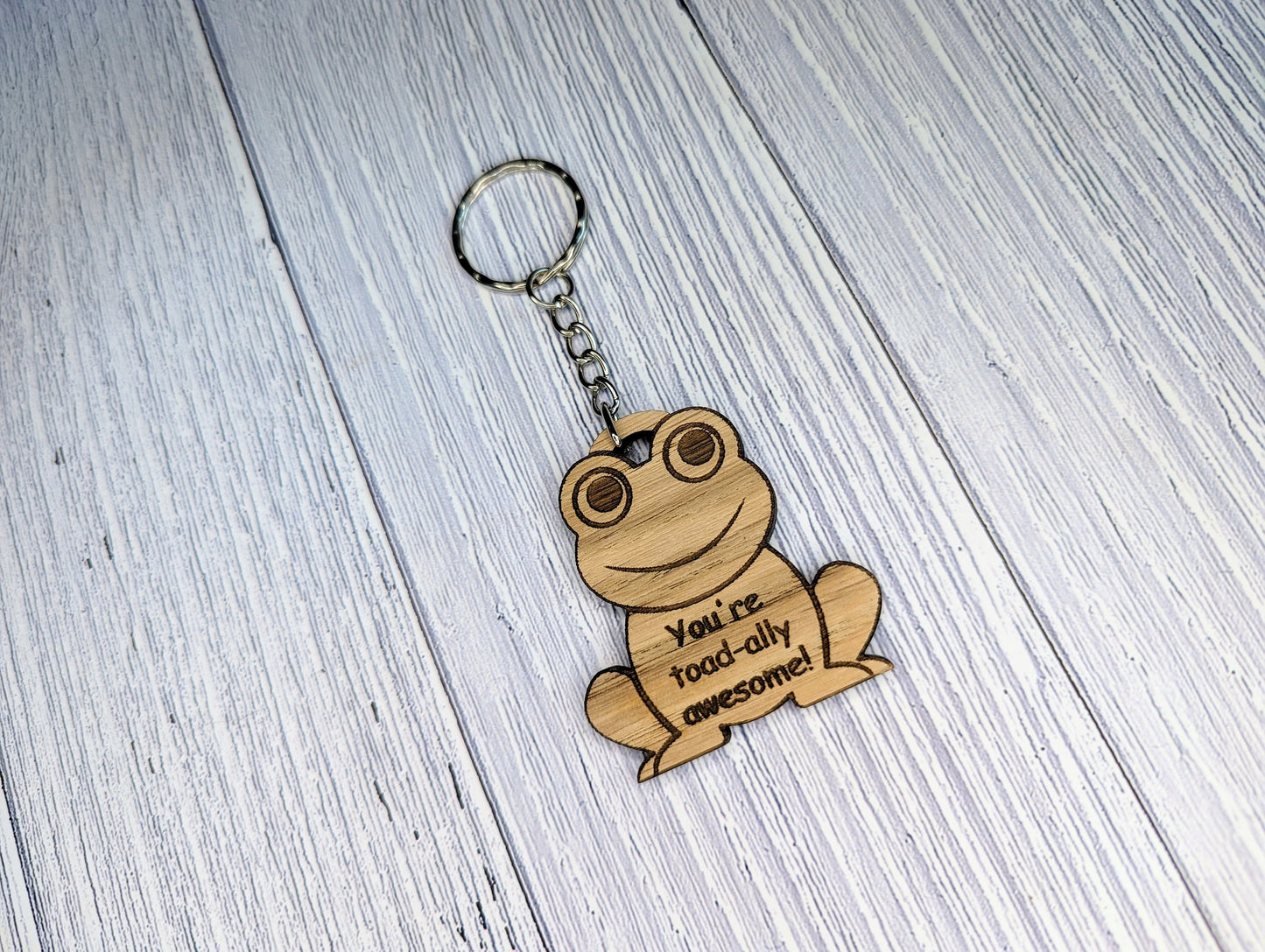 Wooden Frog Keyring | You're toad-ally awesome! | Bag Tag | Can Be Personalised | Oak Veneered MDF