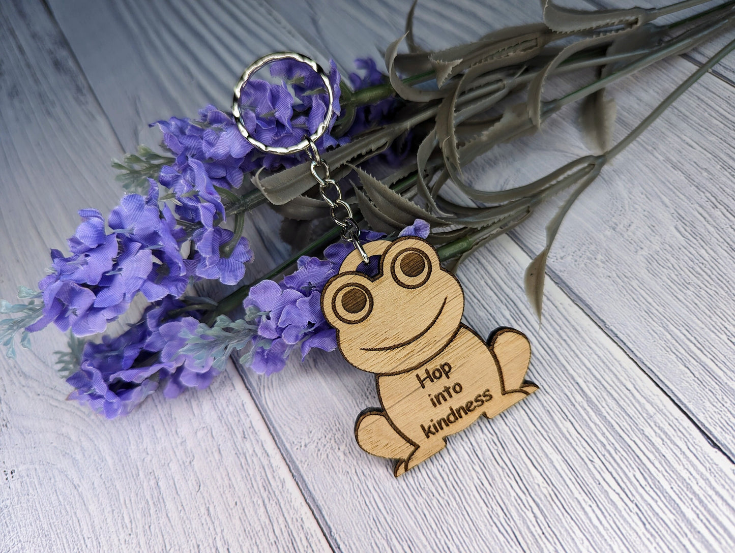 Wooden Frog Keyring | Hop into kindness | Bag Tag | Can Be Personalised | Oak Veneered MDF