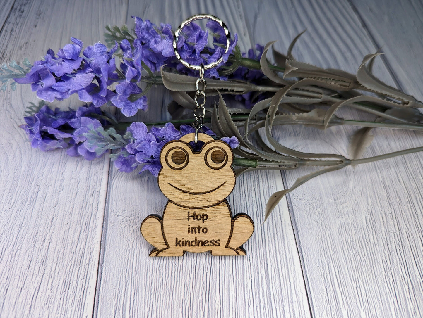 Wooden Frog Keyring | Hop into kindness | Bag Tag | Can Be Personalised | Oak Veneered MDF