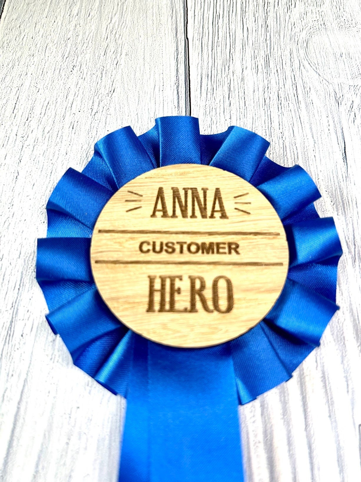 Personalised Wooden Rosettes For Staff Awards | Customised 90mm Rosette with 60mm Wooden Centre | Award Ribbon | Team Appreciation