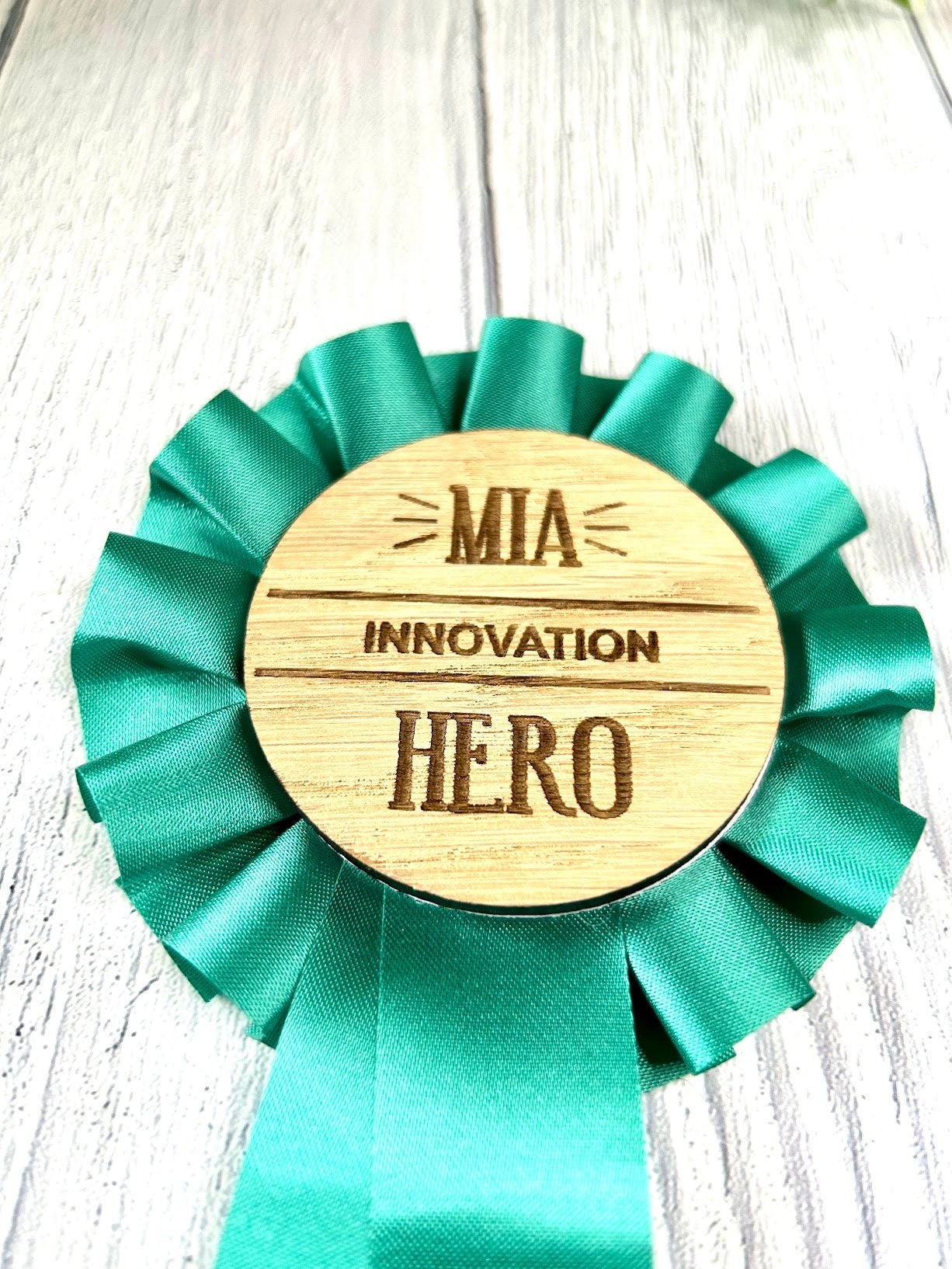 Personalised Wooden Rosettes For Staff Awards | Customised 90mm Rosette with 60mm Wooden Centre | Award Ribbon | Team Appreciation