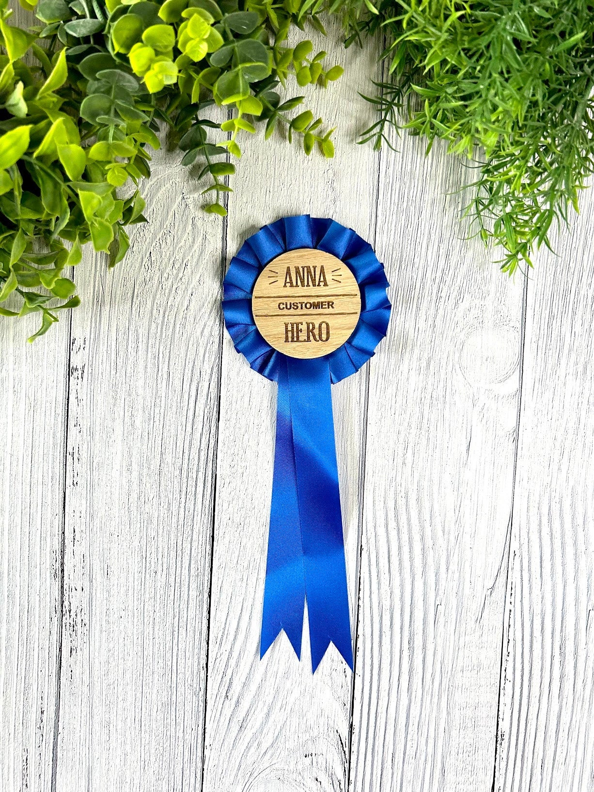 Personalised Wooden Rosettes For Staff Awards | Customised 90mm Rosette with 60mm Wooden Centre | Award Ribbon | Team Appreciation