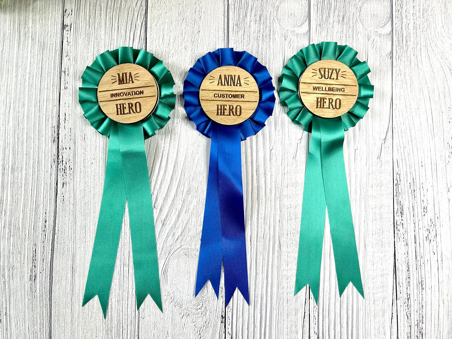 Personalised Wooden Rosettes For Staff Awards | Customised 90mm Rosette with 60mm Wooden Centre | Award Ribbon | Team Appreciation