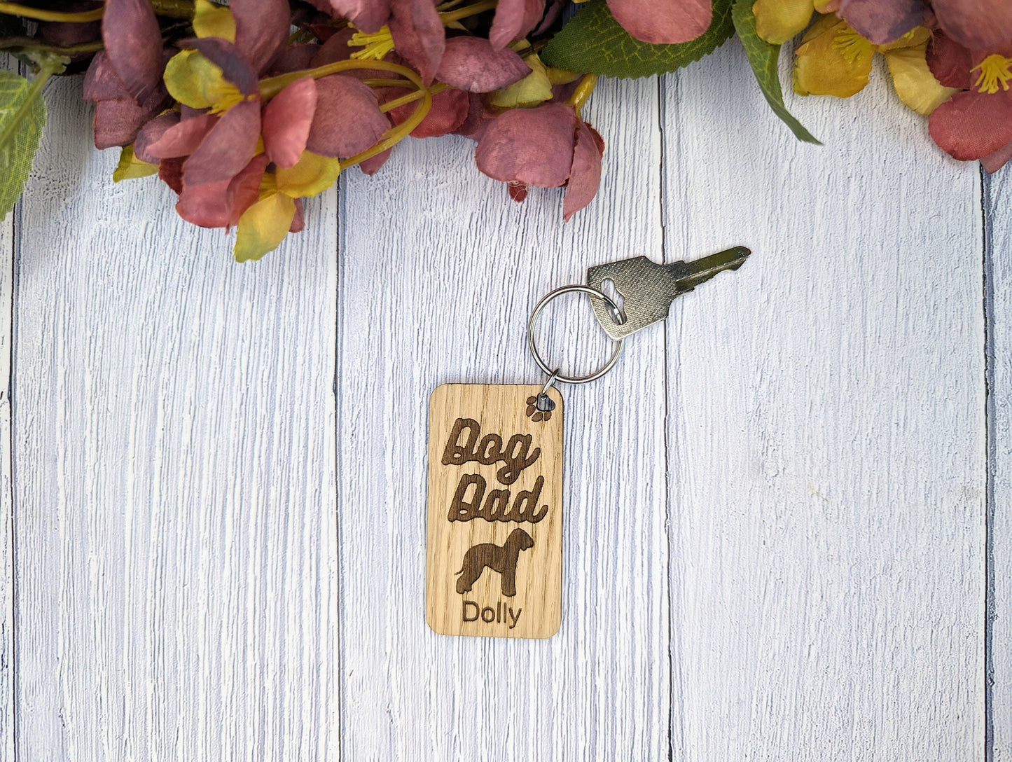 Personalised Bedlington Terrier Dog Dad Wooden Keyring | Oak Dog Keychain | Gift For Bedlington Terrier Parent | Doggy Key Tag Gift