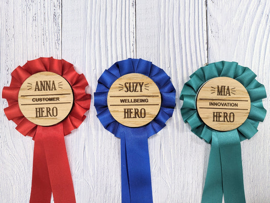 Personalised Employee Recognition Hero Rosette - Celebrate Your Heroes! | Wooden Rosettes in 4 Colours | Bulk Orders Welcome