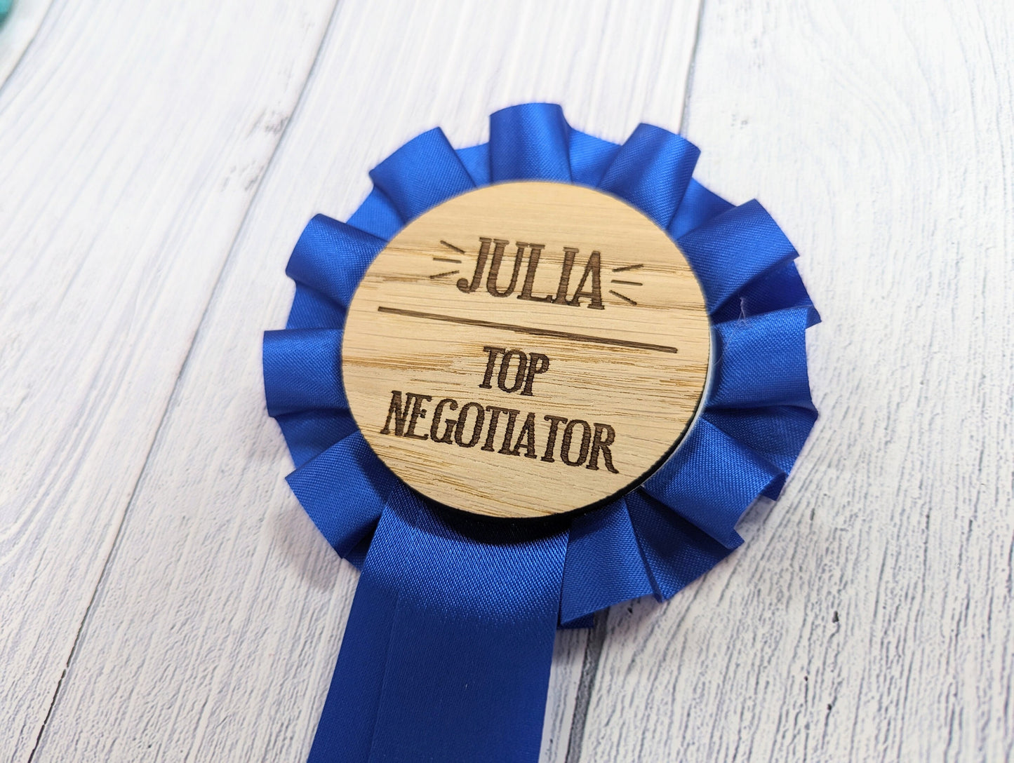 Personalised Wooden Sales Awards Rosette - Celebrate Sales Excellence! | Customised Oak Rosettes in 4 Colours | Award Ribbon