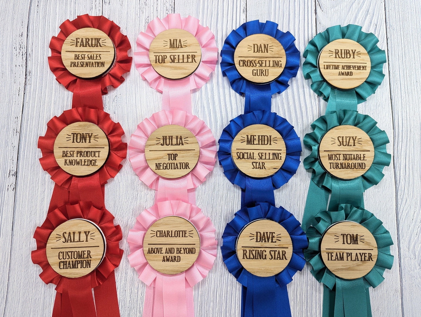 Personalised Wooden Sales Awards Rosette - Celebrate Sales Excellence! | Customised Oak Rosettes in 4 Colours | Award Ribbon