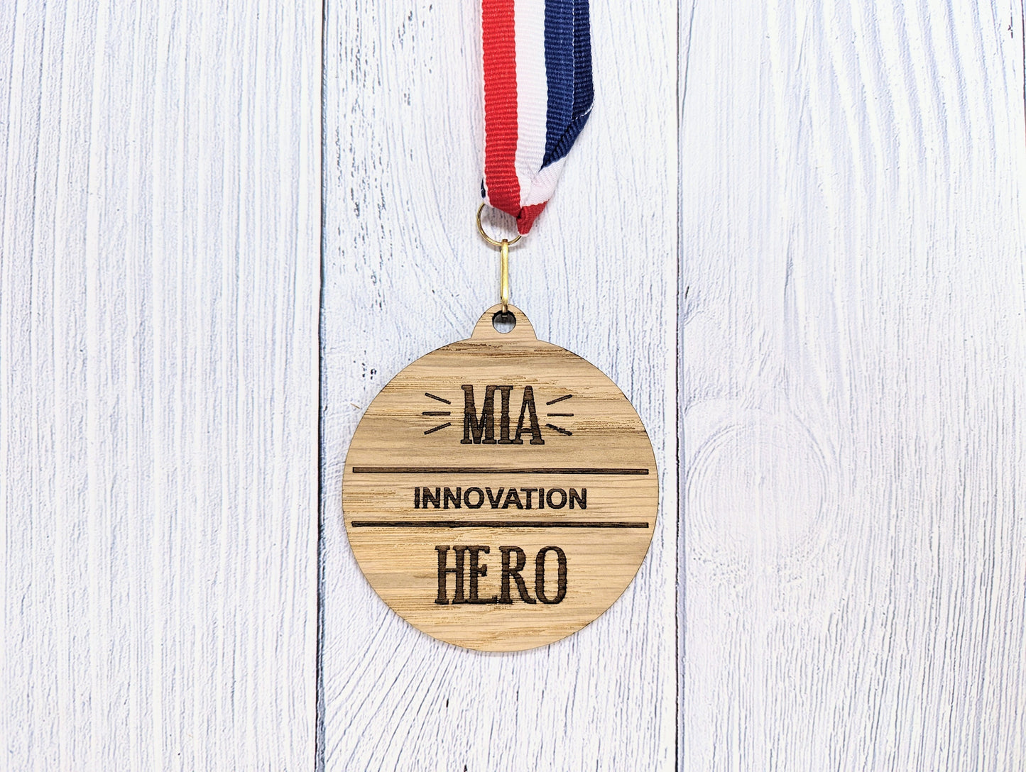 Employee Excellence Wooden Hero Medals: Personalised Recognition & Wellbeing Awards with Tri-Coloured Ribbon