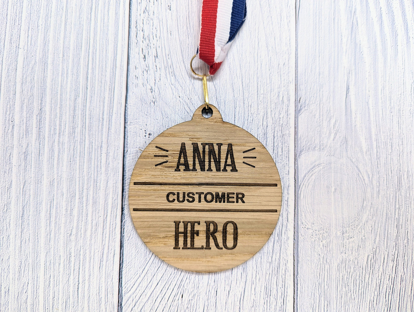 Employee Excellence Wooden Hero Medals: Personalised Recognition & Wellbeing Awards with Tri-Coloured Ribbon