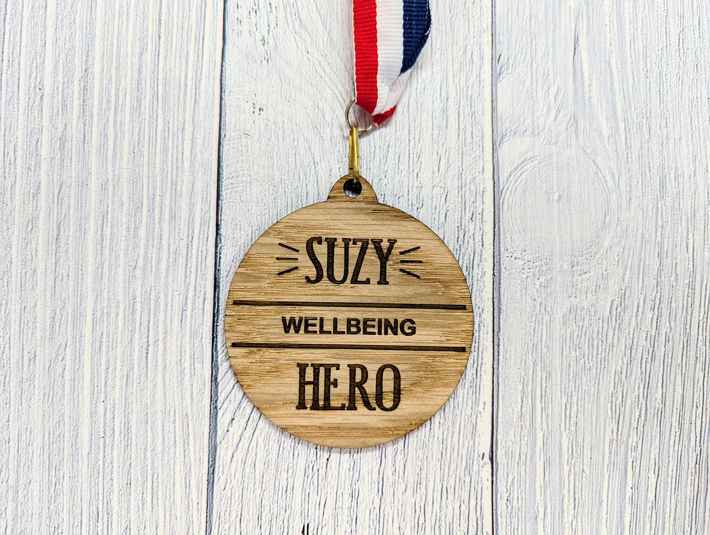 Employee Excellence Wooden Hero Medals: Personalised Recognition & Wellbeing Awards with Tri-Coloured Ribbon