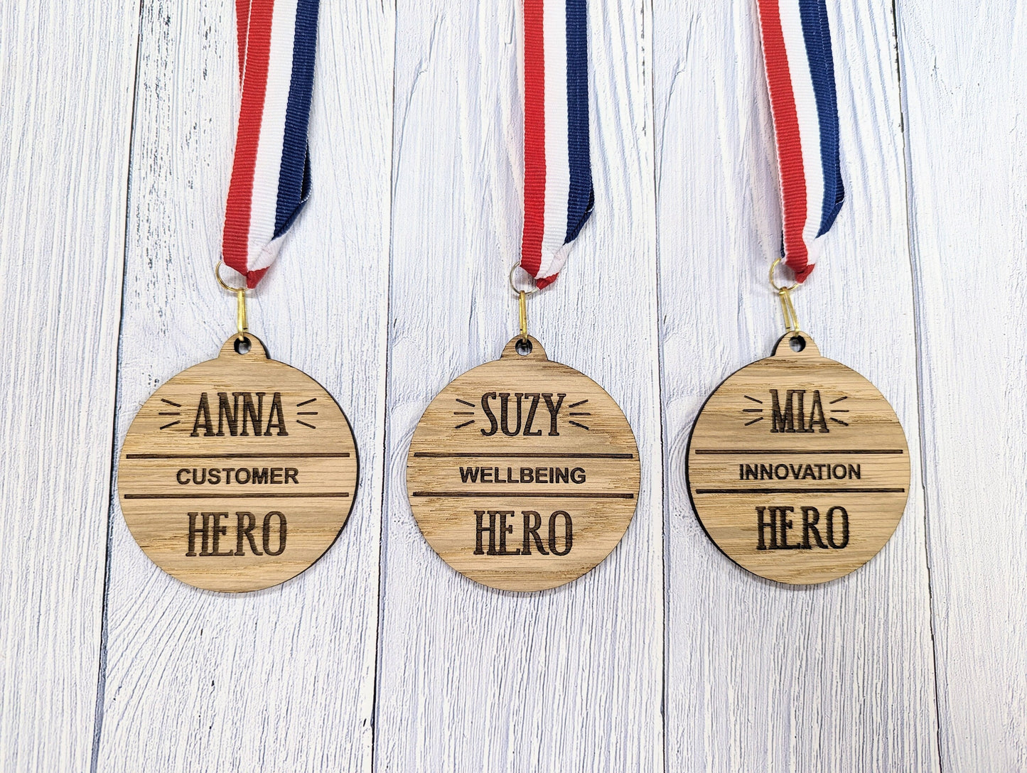 Employee Excellence Wooden Hero Medals: Personalised Recognition & Wellbeing Awards with Tri-Coloured Ribbon