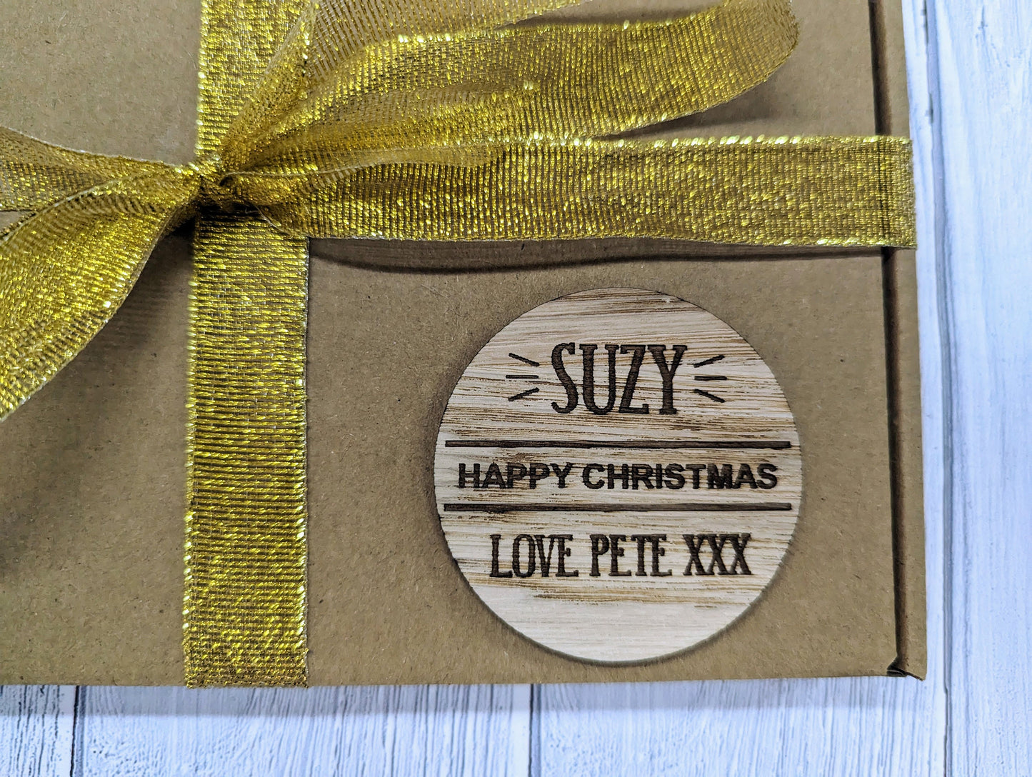 Personalised Wooden Christmas Gift Tag - Happy Christmas - Rustic Charm