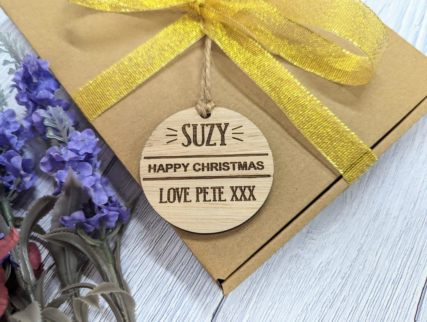 Personalised Wooden Christmas Gift Tag - Happy Christmas - Rustic Charm