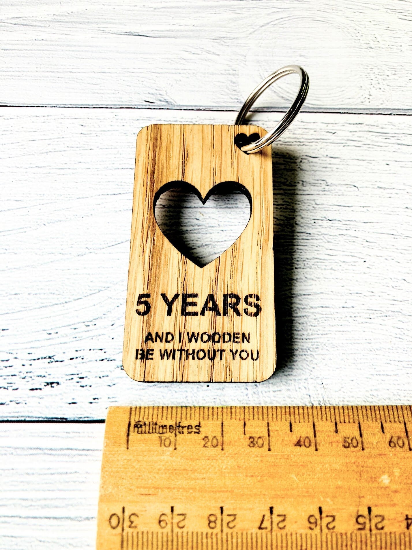 5 Year Anniversary Keyrings | Engraved Wooden Heart Keyring | Fifth Anniversary Gift | Quirky Love Keyring | Oak Wood | Bulk