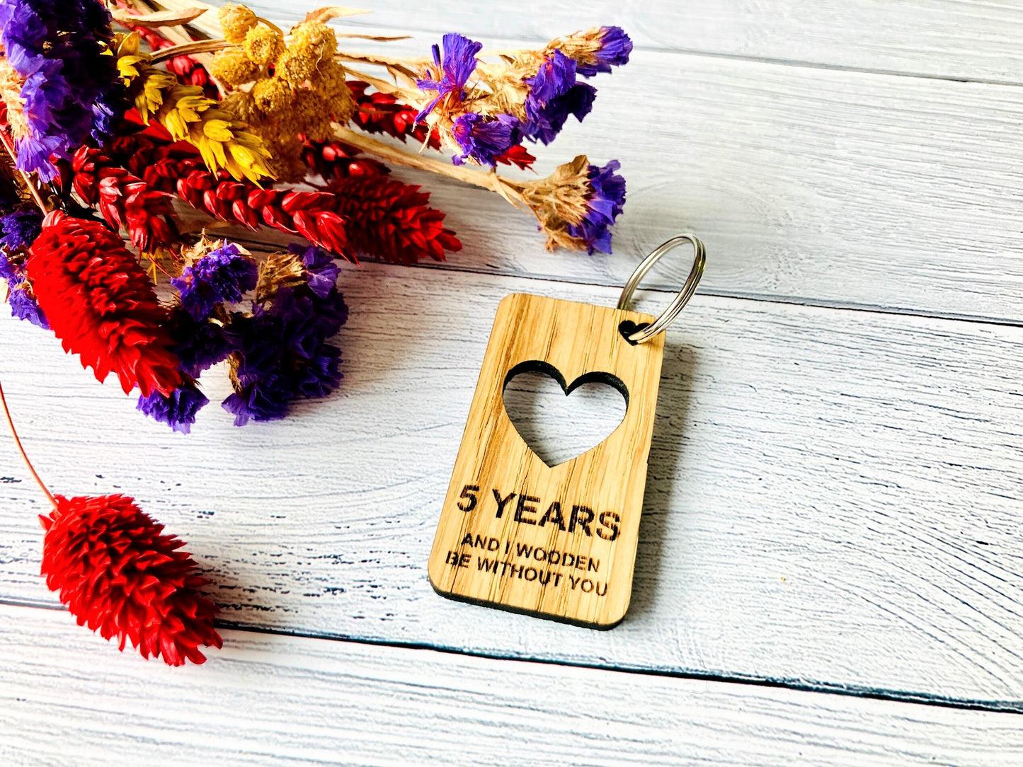 5 Year Anniversary Keyrings | Engraved Wooden Heart Keyring | Fifth Anniversary Gift | Quirky Love Keyring | Oak Wood | Bulk