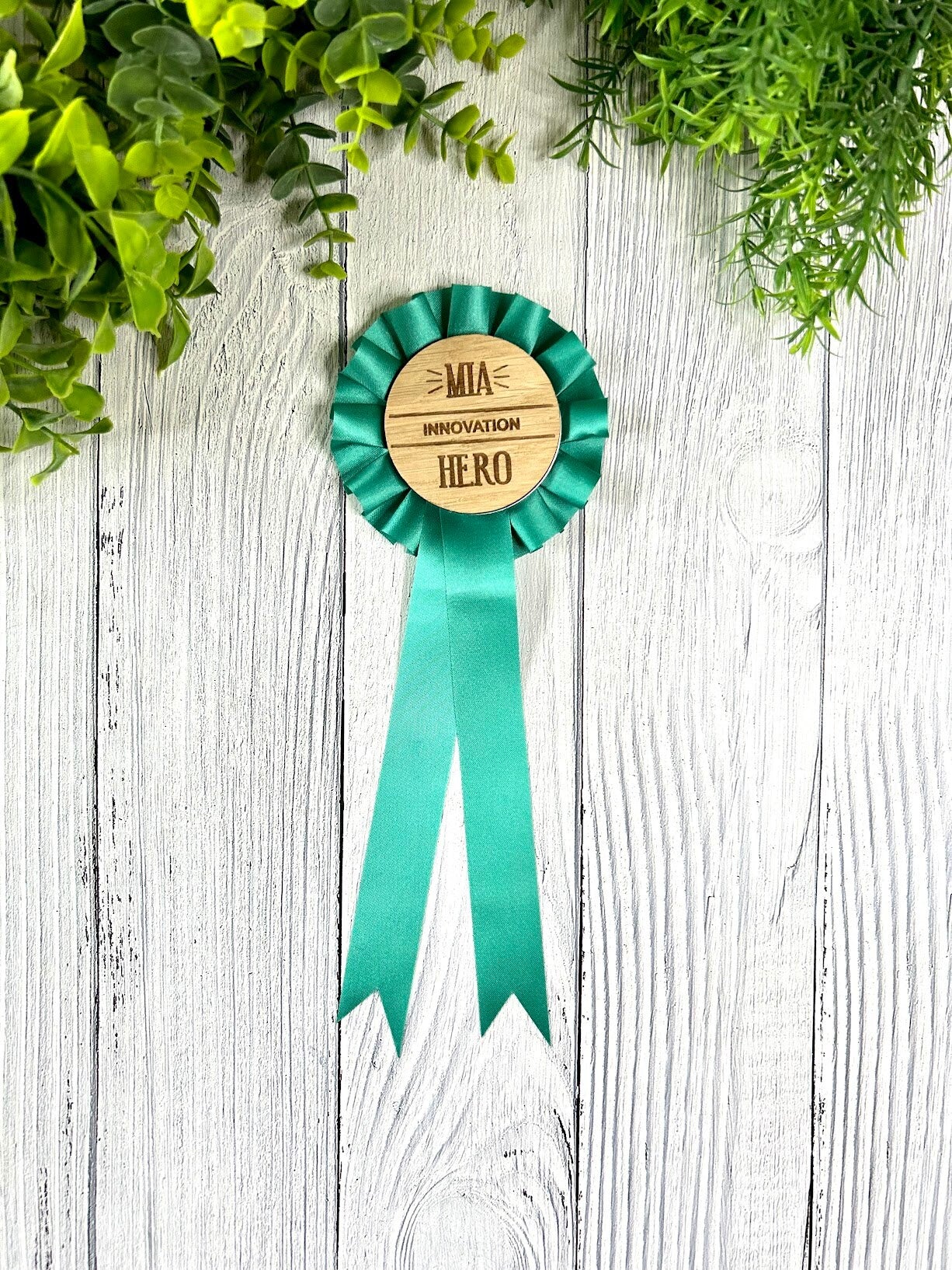 Personalised Wooden Rosettes For Staff Awards | Customised 90mm Rosette with 60mm Wooden Centre | Award Ribbon | Team Appreciation