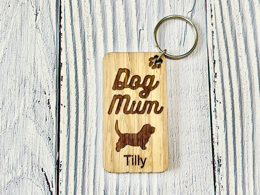 Personalised Basset Hound Dog Mum Wooden Keyring | Oak Dog Keychain | Gift For Basset Hound Parent | Doggy Key Tag Gift