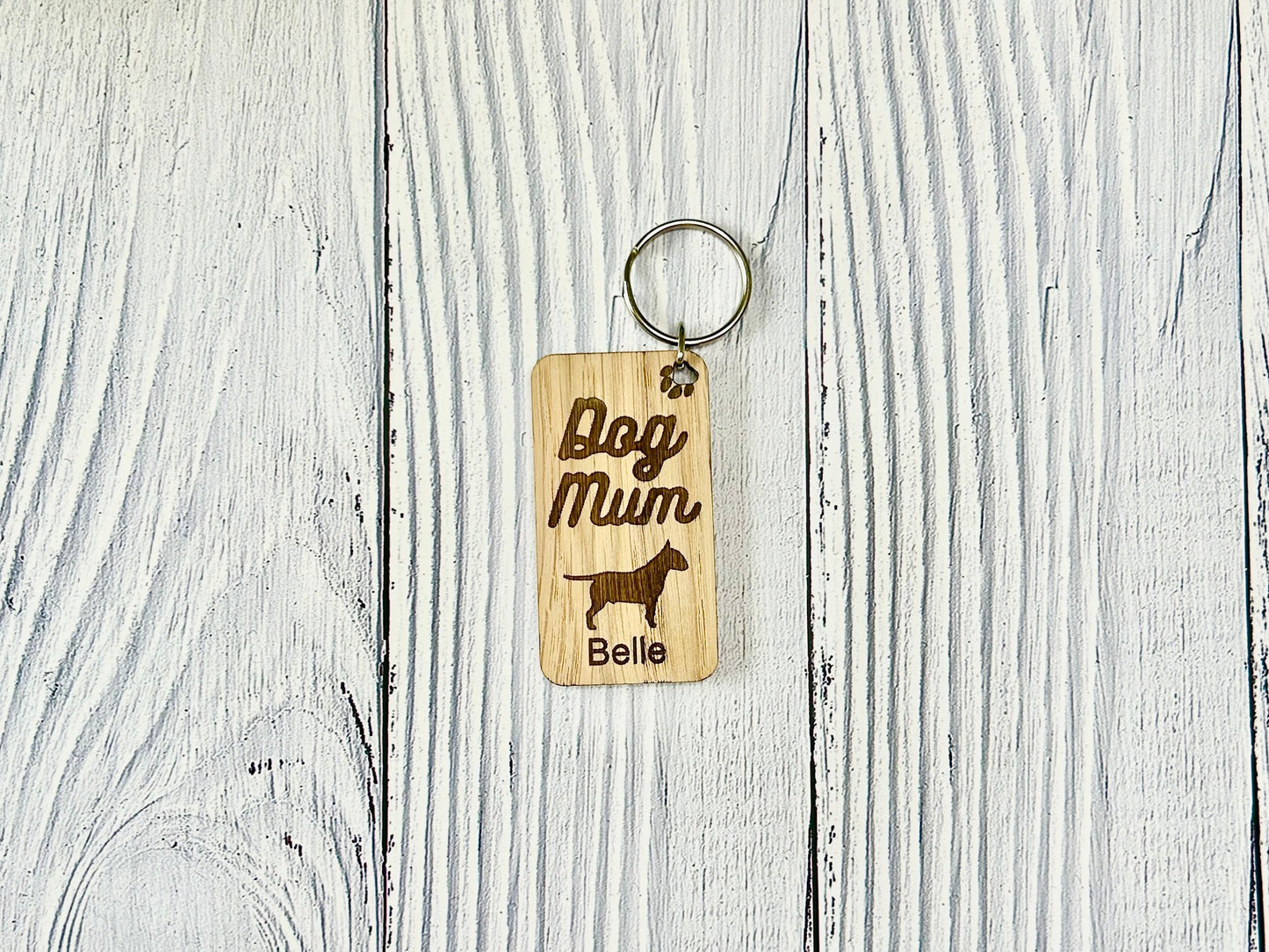 Personalised Bull Terrier Dog Mum Wooden Keyring | Oak Dog Keychain | Gift For Bull Terrier Parent | Doggy Key Tag Gift