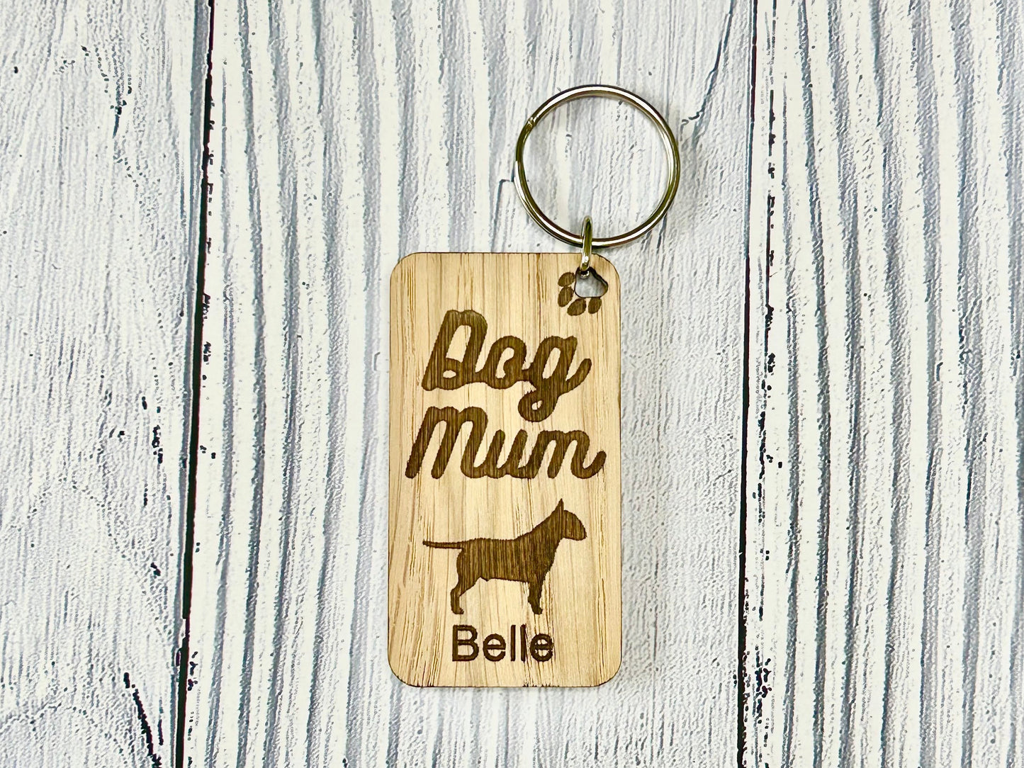 Personalised Bull Terrier Dog Mum Wooden Keyring | Oak Dog Keychain | Gift For Bull Terrier Parent | Doggy Key Tag Gift