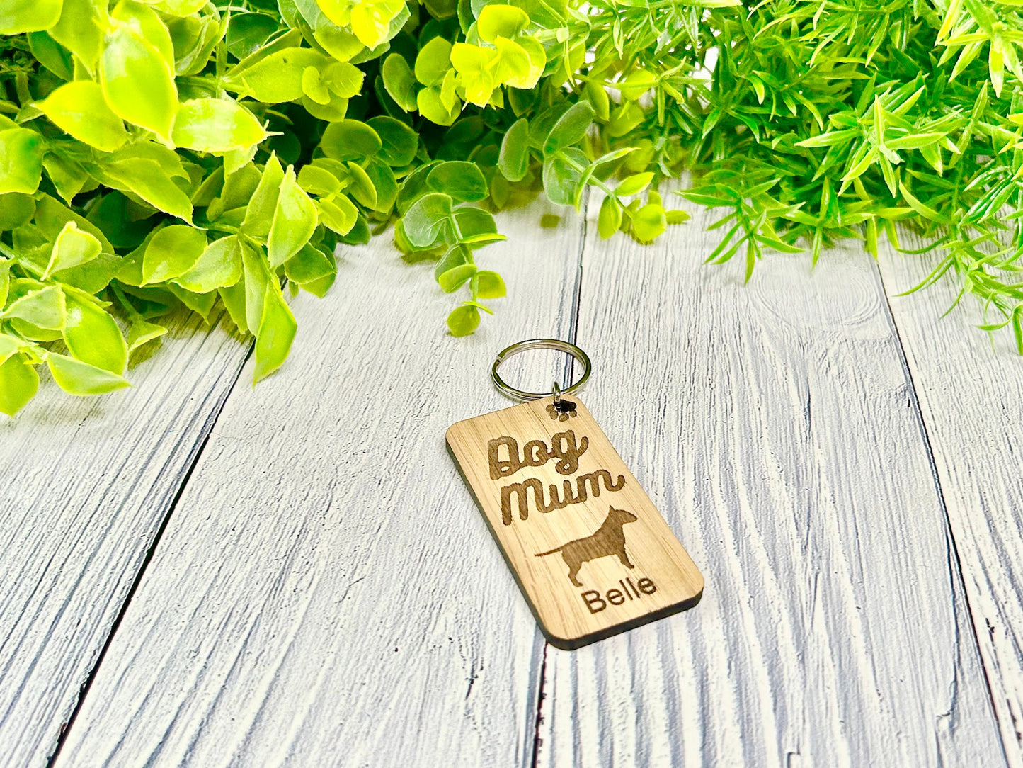 Personalised Bull Terrier Dog Mum Wooden Keyring | Oak Dog Keychain | Gift For Bull Terrier Parent | Doggy Key Tag Gift