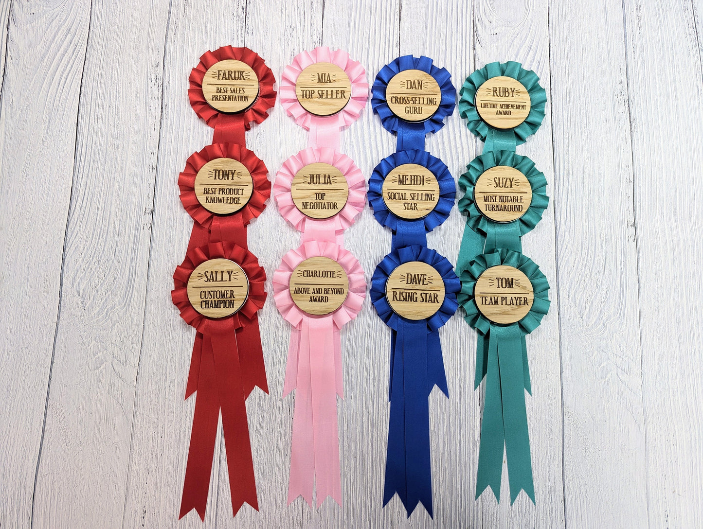 Personalised Wooden Sales Awards Rosette - Celebrate Sales Excellence! | Customised Oak Rosettes in 4 Colours | Award Ribbon