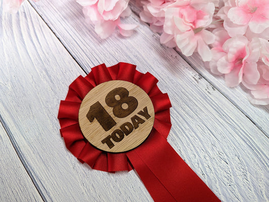 Wooden Rosette for 18th Birthday Celebration - '18 Today' Award Ribbon - Elegant Oak Veneer - Eco-Friendly Packaging