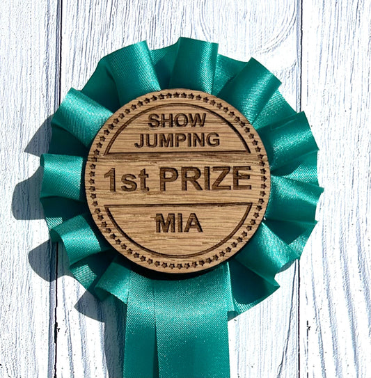 Personalised Wooden Show Jumping Rosette's | Customised Oak Rosettes in 4 Colours | Award Ribbon | Horse Riding