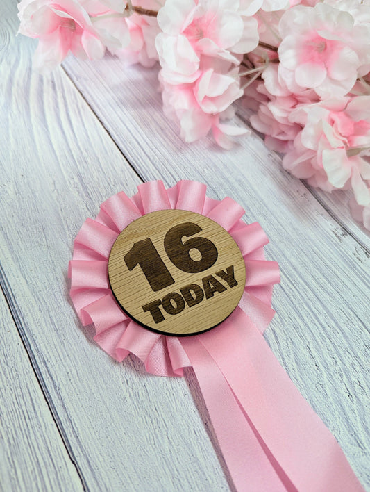 Wooden Rosette for 16th Birthday Celebration - '16 Today' Award Ribbon - Elegant Oak Veneer - Eco-Friendly Packaging