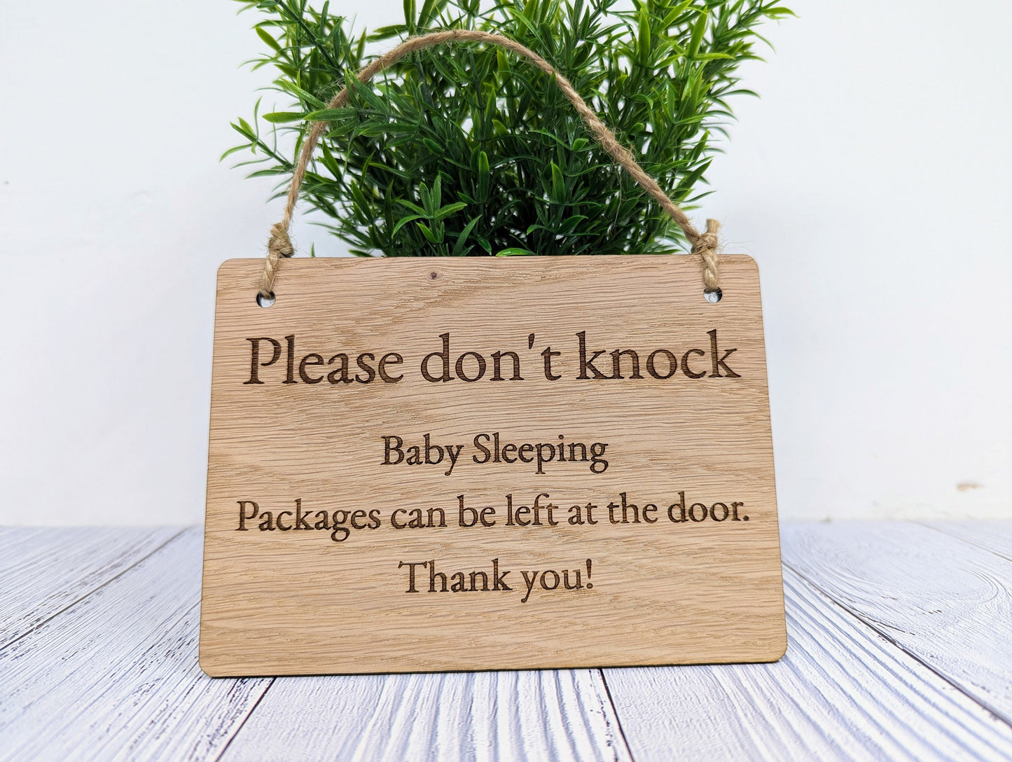 Please Don't Knock, Baby Sleeping" Wooden Sign - Ideal for Homes with Newborns, Night Shift Workers - Oak Veneered MDF - Customisable Text