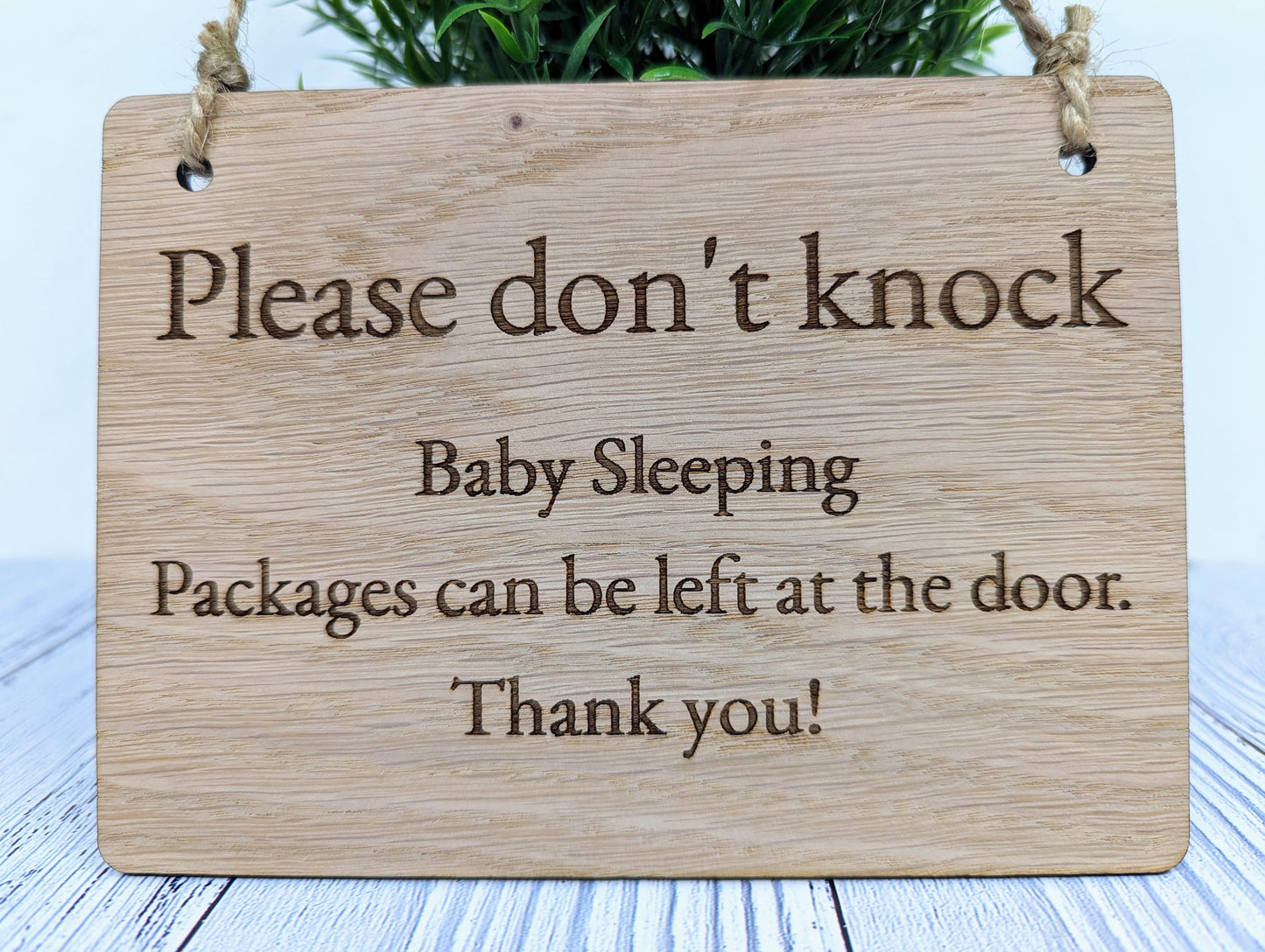 Please Don't Knock, Baby Sleeping" Wooden Sign - Ideal for Homes with Newborns, Night Shift Workers - Oak Veneered MDF - Customisable Text