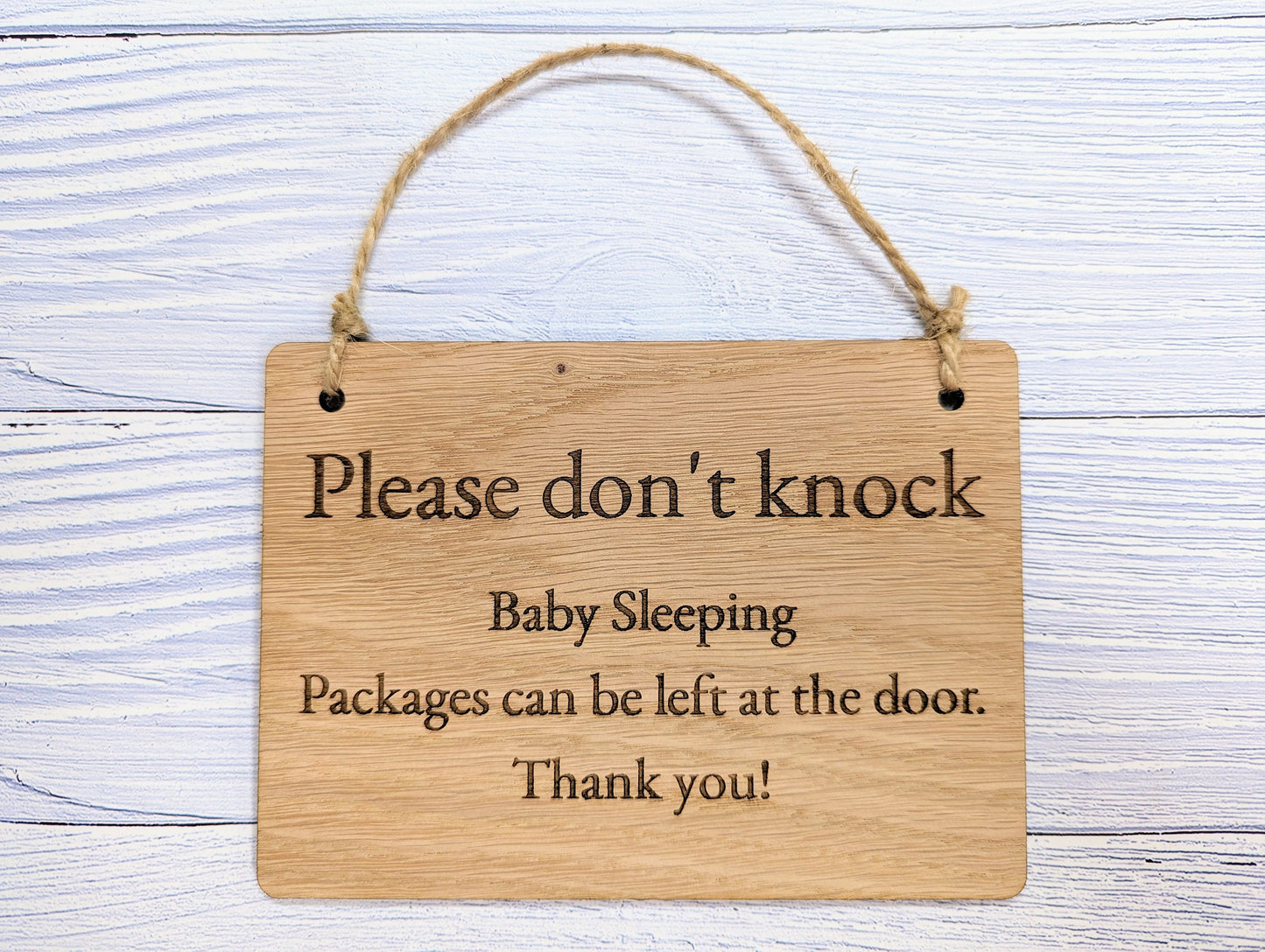 Please Don't Knock, Baby Sleeping" Wooden Sign - Ideal for Homes with Newborns, Night Shift Workers - Oak Veneered MDF - Customisable Text