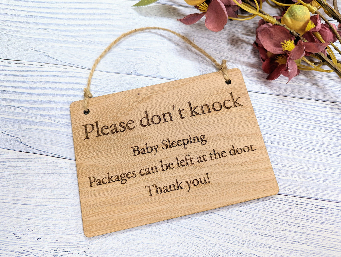 Please Don't Knock, Baby Sleeping" Wooden Sign - Ideal for Homes with Newborns, Night Shift Workers - Oak Veneered MDF - Customisable Text