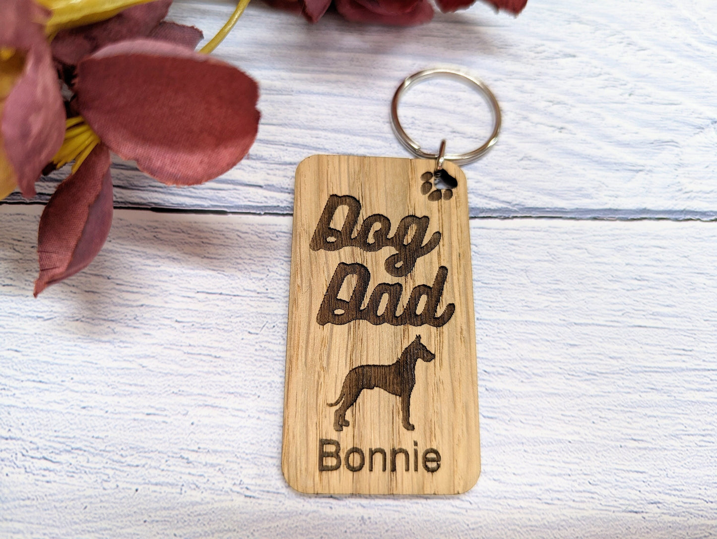 Personalised Great Dane Dog Parent Wooden Keyring - Custom Oak Keychain - Unique Gift for Great Dane Lovers