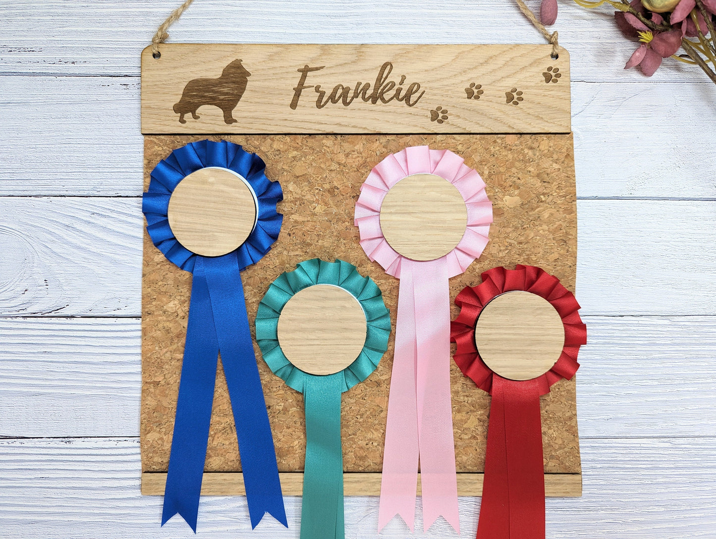 Personalised Rough Collie Rosette Holder - Custom Dog Show Award Display - Handcrafted Wooden Keepsake for Pet Lovers