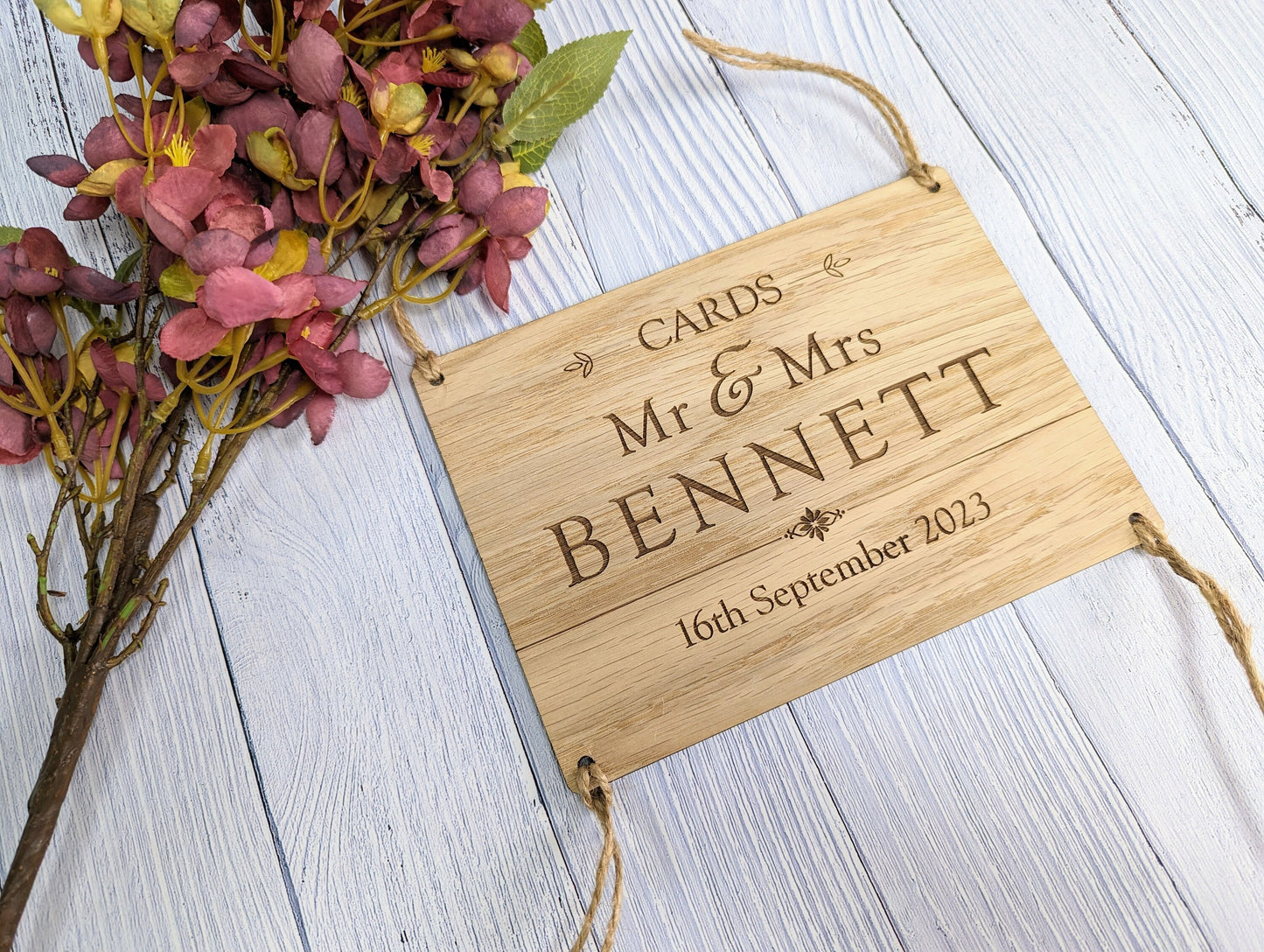 Personalised Wooden Wedding Card Box Sign with String Attachment - Customisable with Married Name & Date