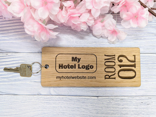 Extra-Large 200x80mm Wooden Hotel Keyrings - Customisable with Hotel Name/Logo & Room Number - Ideal for Luxury Hotels