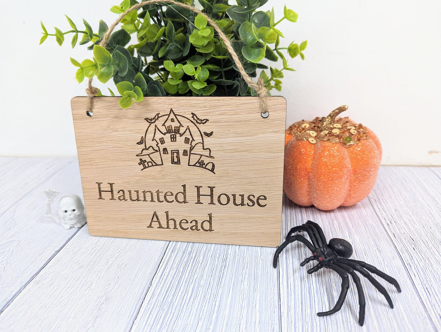 Personalised Halloween Wooden Sign with Haunted House Design - 'Haunted House Ahead